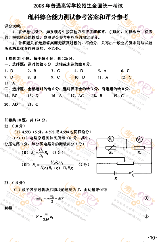 2008年高考理综试题及参考答案(全国卷二)