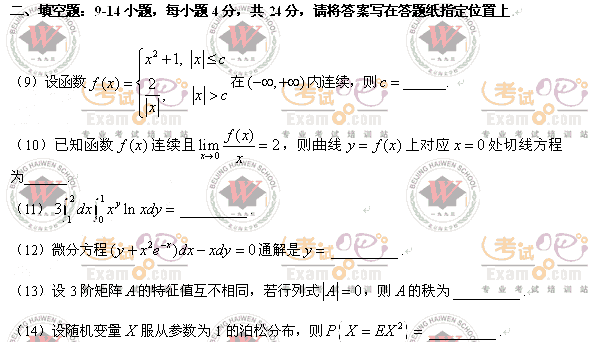 考试吧万学海文：2008年考研数学四真题