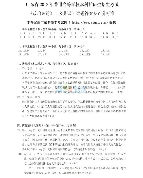 2013年广东专升本考试《政治》试题及答案