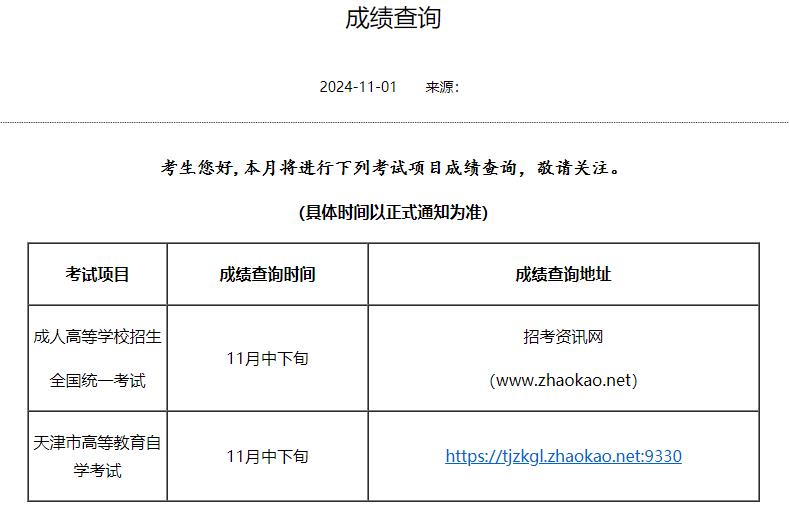 天津市2024年10月自学考试成绩查询时间