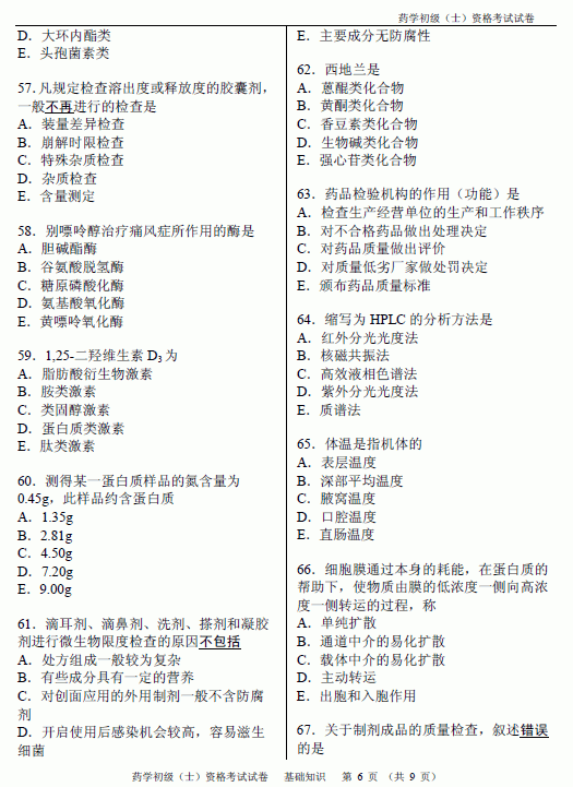 2012年初级药士考试基础知识真题