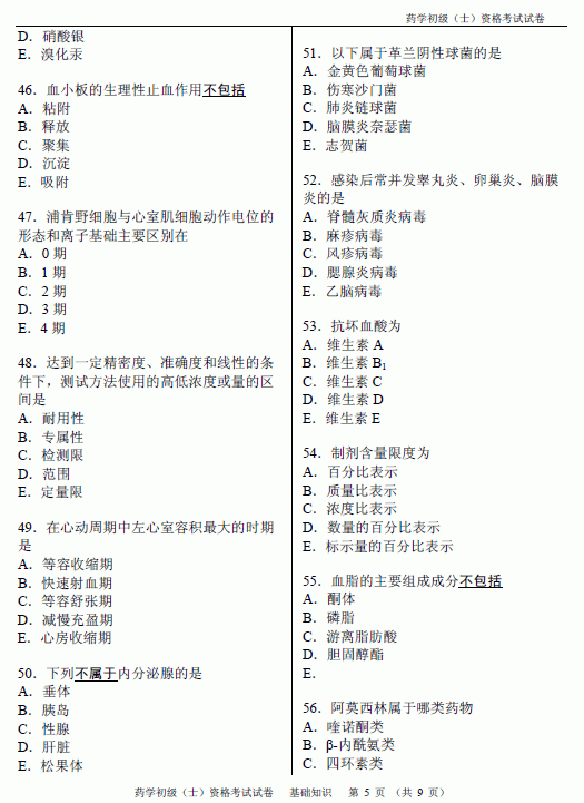 2012年初级药士考试基础知识真题