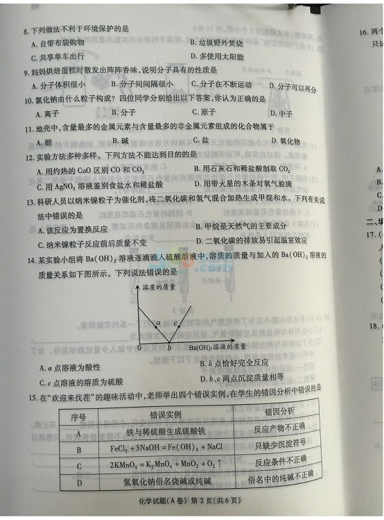 2017年重庆中考《化学》试题及答案（A卷）