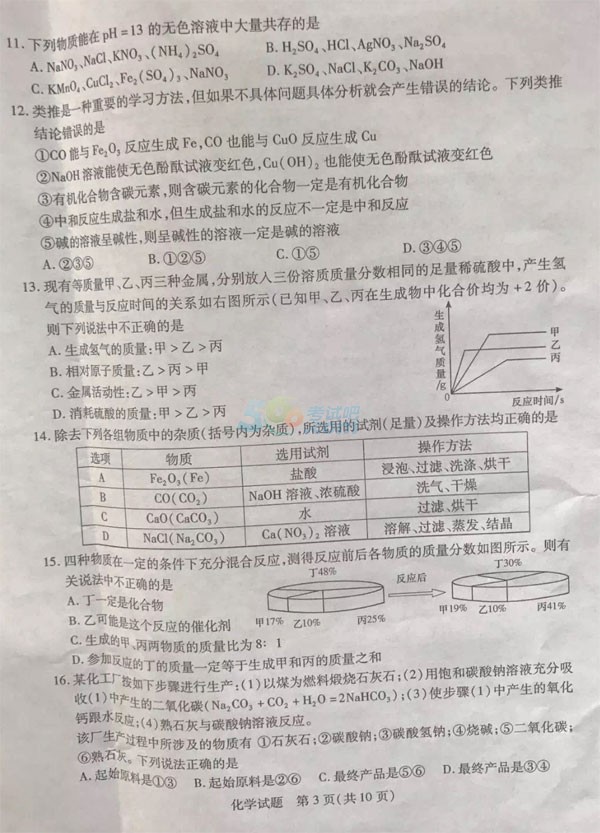 考试吧：2017山东泰安中考《化学》试题及答案