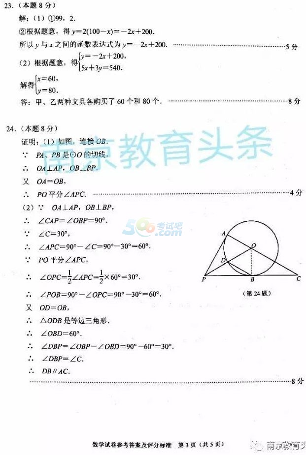 考试吧：2017江苏南京中考《数学》试题及答案