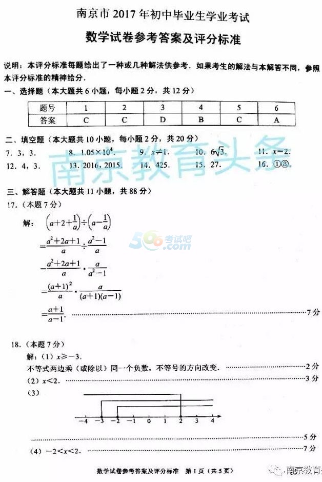 考试吧：2017江苏南京中考《数学》试题及答案