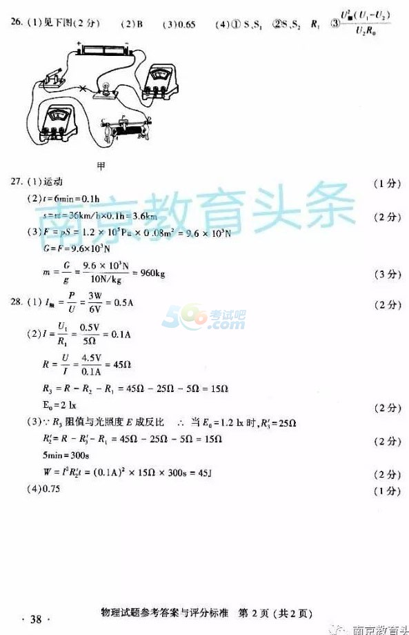 考试吧：2017江苏南京中考《物理》试题及答案