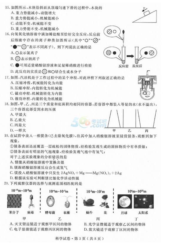 考试吧：2017浙江杭州中考《科学》试题及答案