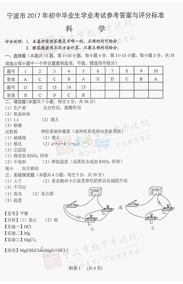 考试吧：2017浙江宁波中考《科学》试题及答案