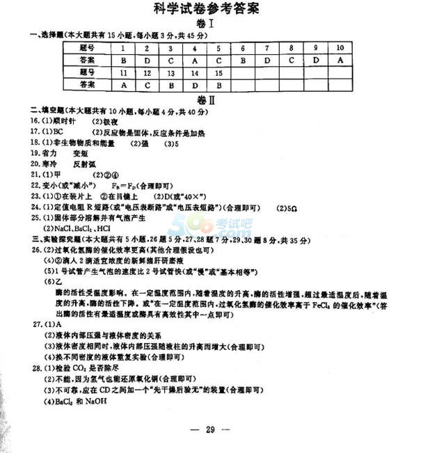 考试吧：2017年浙江金华中考《科学》试题及答案