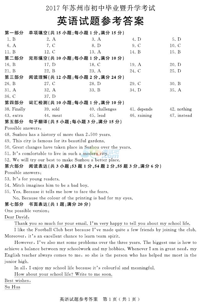 考试吧：2017年苏州中考《英语》试题及参考答案