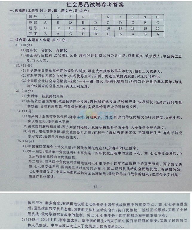 考试吧：2017浙江绍兴中考《社会·思品》试题及答案