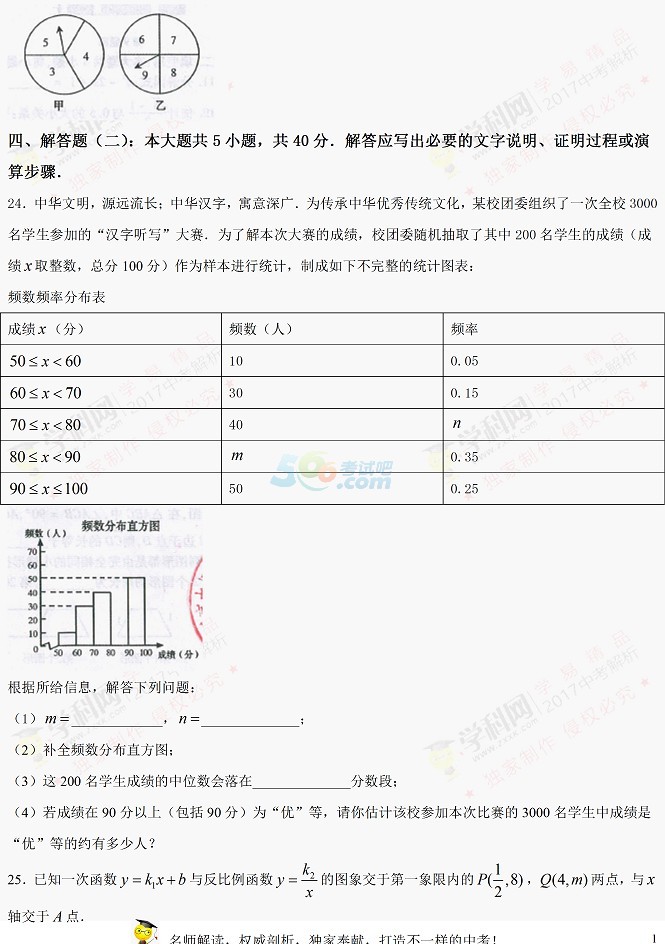 甘肃武威（凉州区）2017年中考数学试题及答案