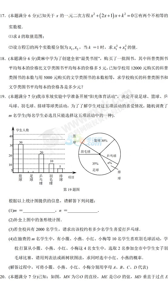 考试吧：湖北黄冈2017年中考《数学》试题