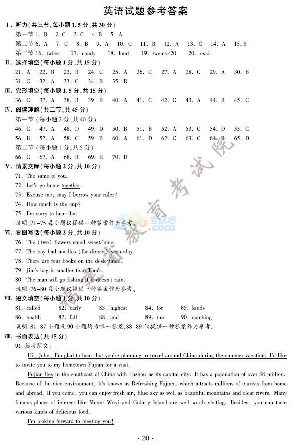 考试吧首推：2017福建中考《英语》试题及答案