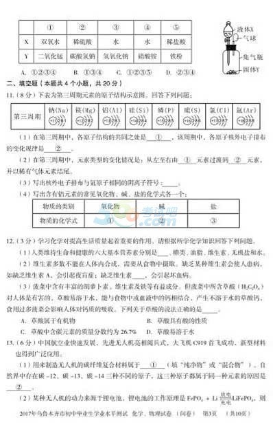 考试吧：2017新疆乌鲁木齐中考《化学》试题及答案