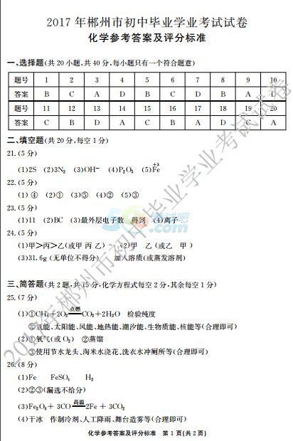 考试吧：2017年湖南郴州中考《化学》试题及答案