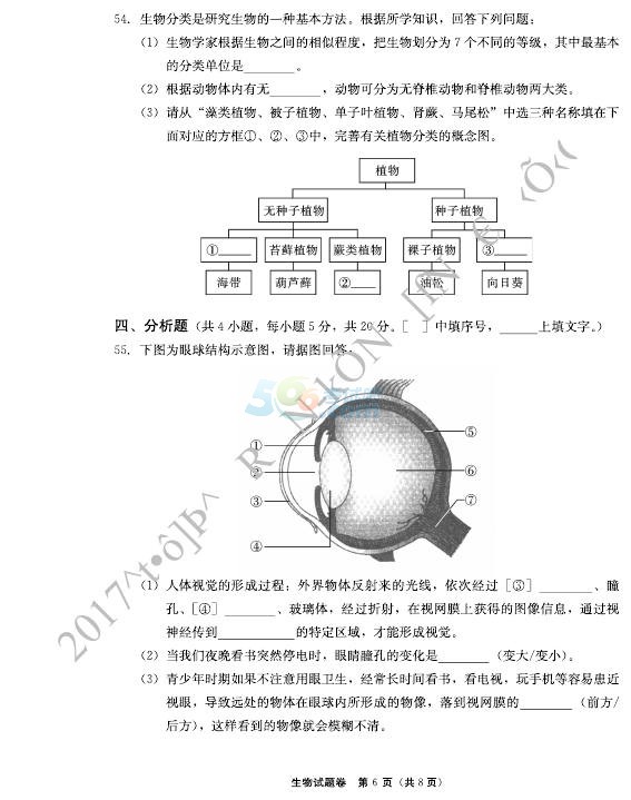 考试吧：2017年湖南郴州中考《生物》试题及答案