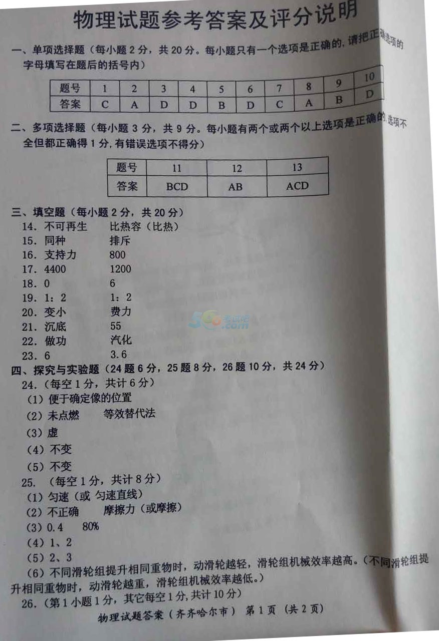 2017年黑龙江齐齐哈尔中考《物理》真题及答案