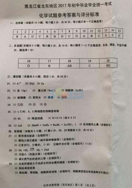 2017年黑龙江龙东地区中考《化学》真题及答案