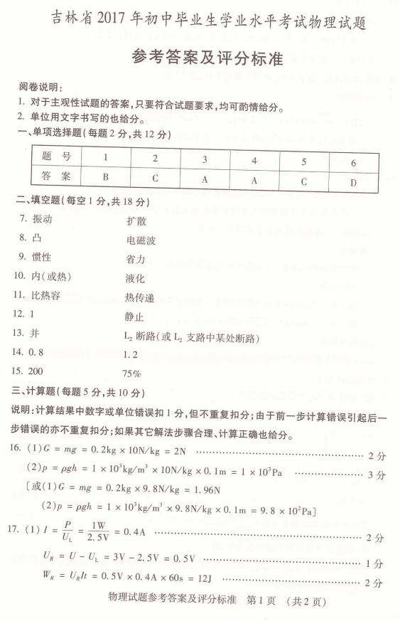 2017年吉林统考地区中考《物理化学》真题及答案