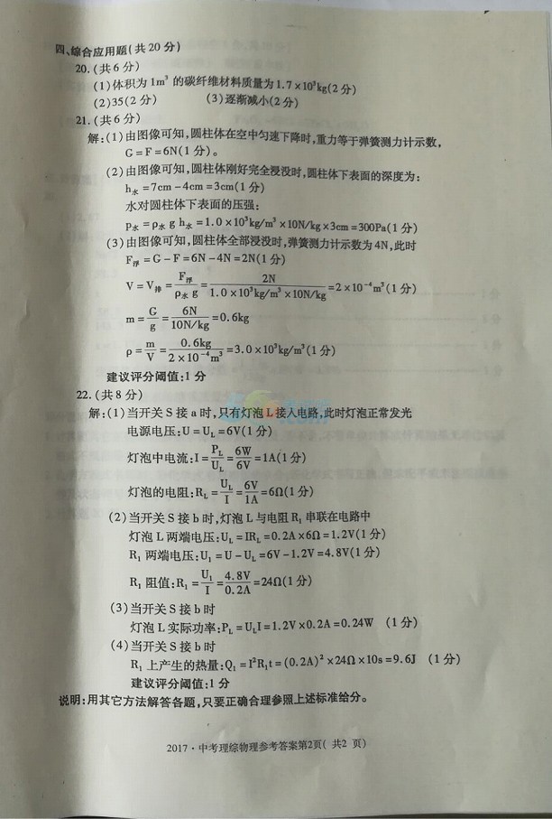 考试吧：2017内蒙古赤峰中考《理综》真题及答案