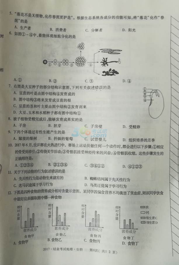 2017年内蒙古赤峰中考《地理?生物》真题及答案