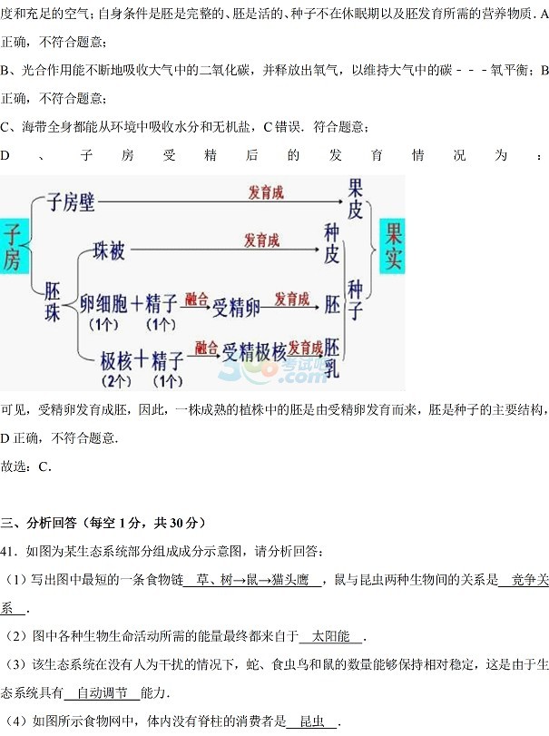 考试吧：2017年江苏无锡中考《生物》真题及答案