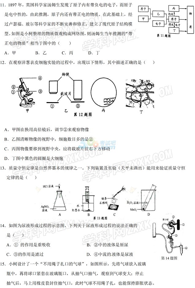 考试吧：2017年浙江衢州中考《科学》试题及答案