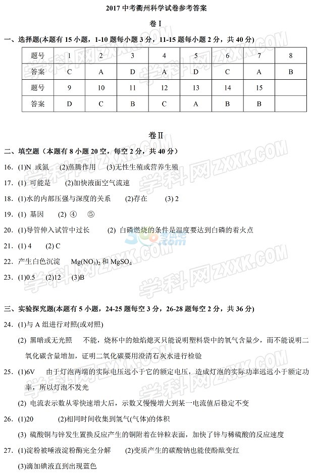 考试吧：2017年浙江衢州中考《科学》试题及答案