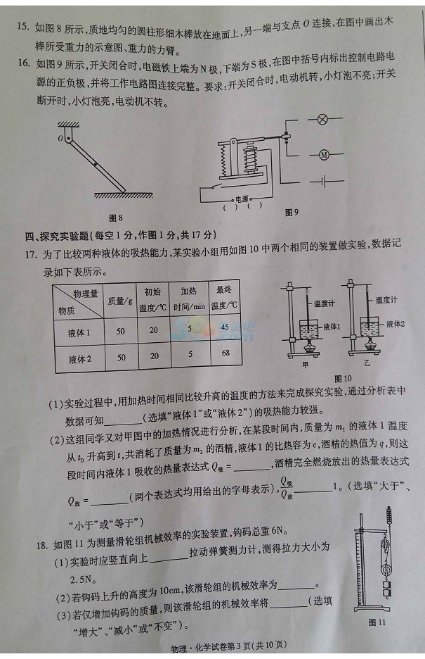 2017年甘肃天水中考《物理、化学》试题及答案