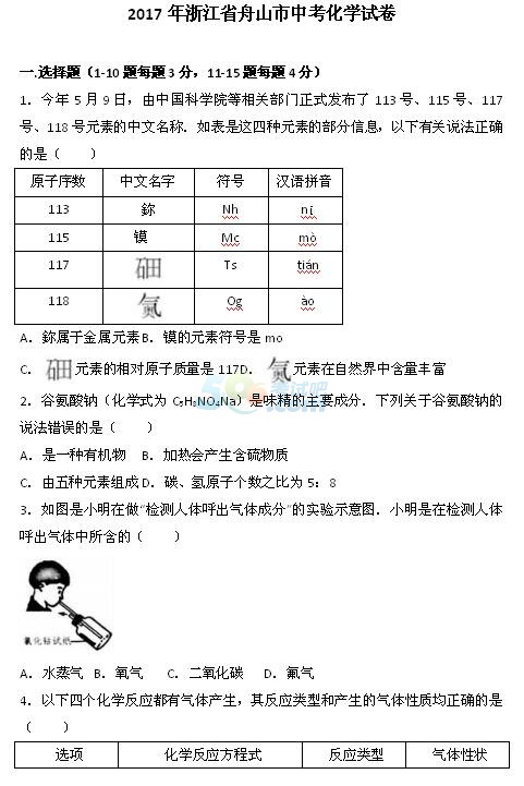 考试吧：2017年浙江舟山中考《化学》试题及答案