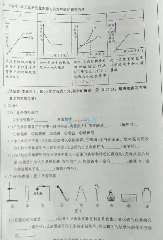 考试吧：2017内蒙古包头中考《理综》试题及答案