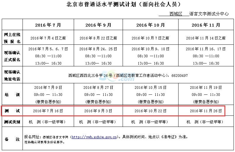 北京2016年7-12月普通话考试时间安排(机考)-
