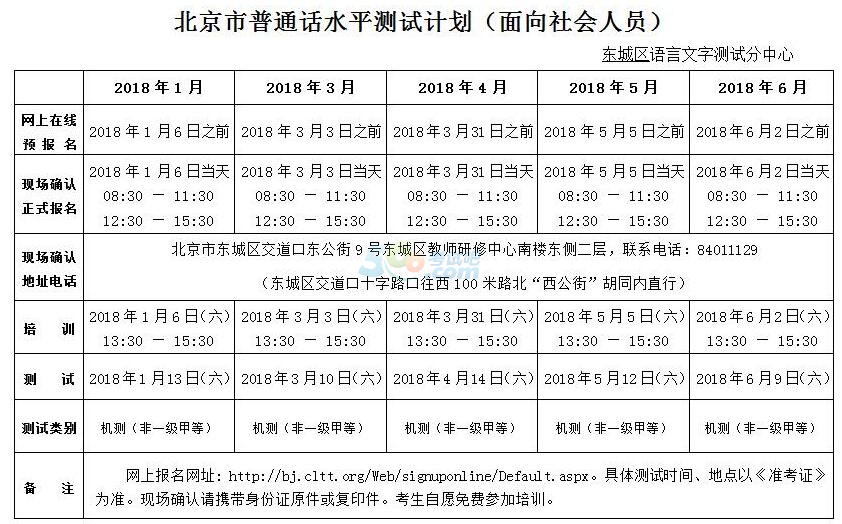 2018年1-6月份北京普通话考试报名时间公布