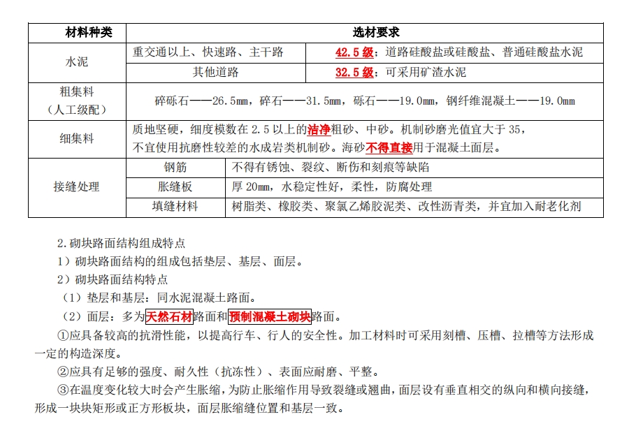 一级建造师考试市政工程讲义：水泥混凝土路面、砌块路面结构特征