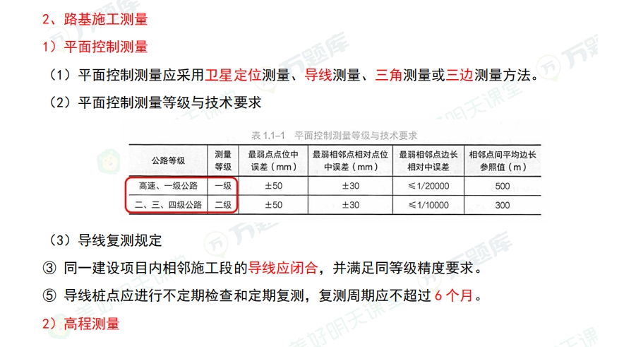 二级建造师考试公路实务考点精编：路基施工准备与施工测量