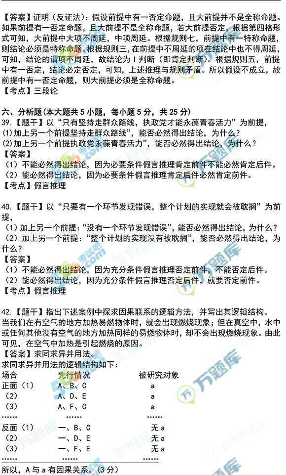 2020年8月自考《普通逻辑》答案已公布(部分)