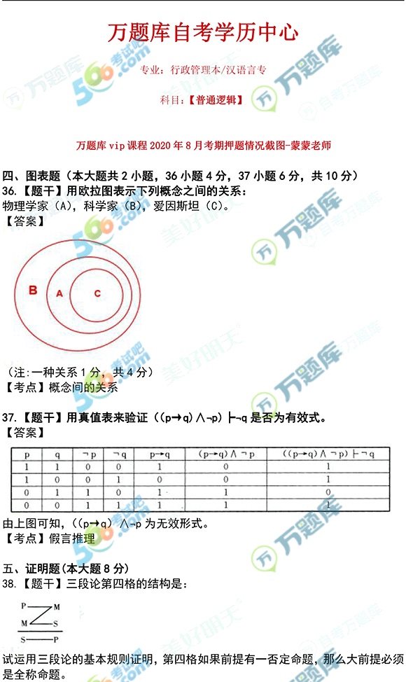 2020年8月自考《普通逻辑》答案已公布(部分)